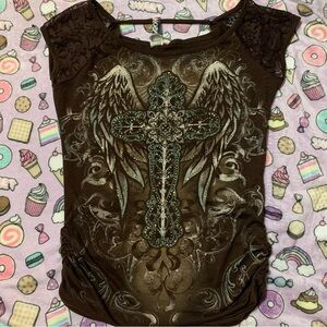 Y2K Embellished Brown Top with Cross Design M